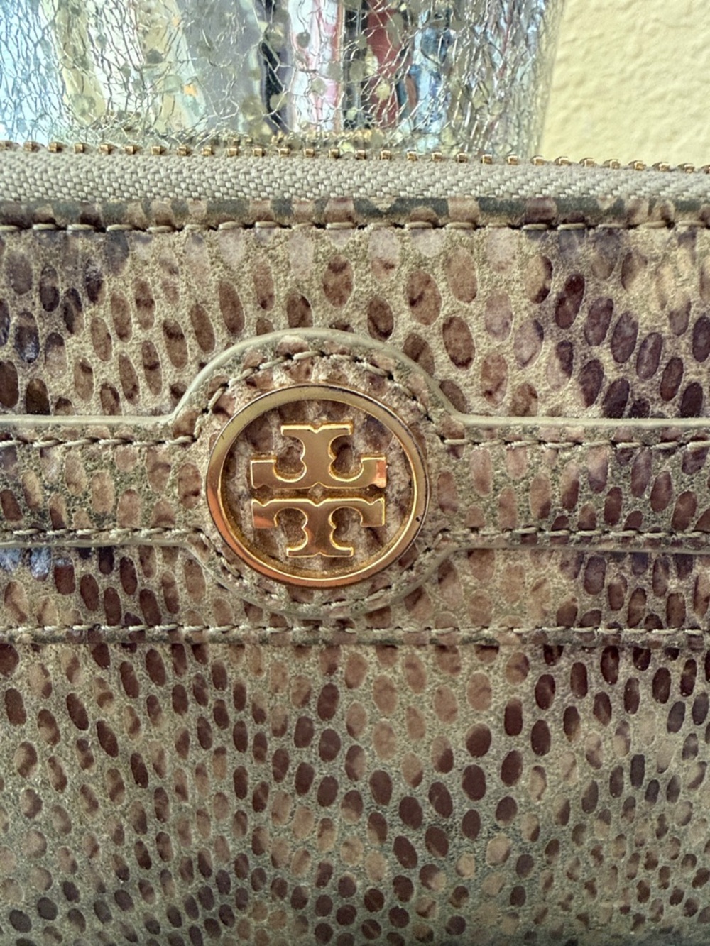 Tory Burch Python-Embossed Continental Zip Wallet in Taupe and Gold - Picture 3 of 10